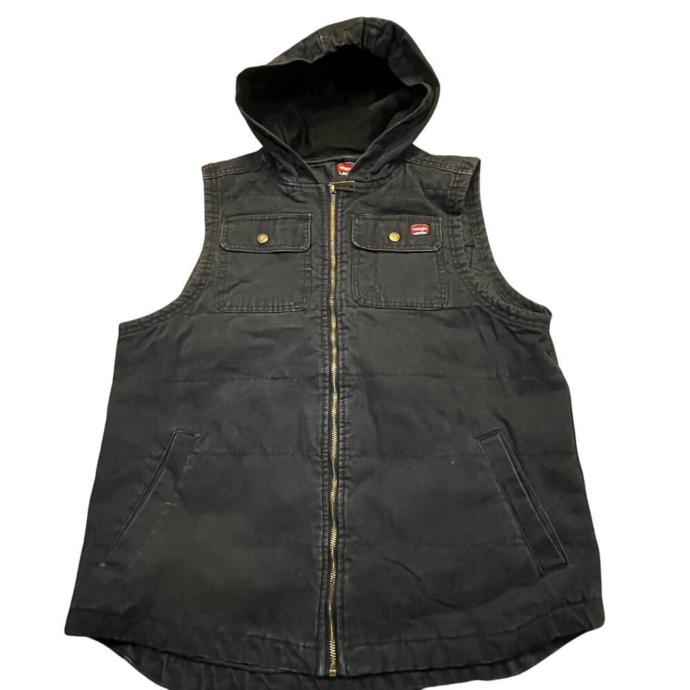 Wrangler‎ Workwear Hooded Vest Mens Large Black Full Zip Canvas Utility Jacket